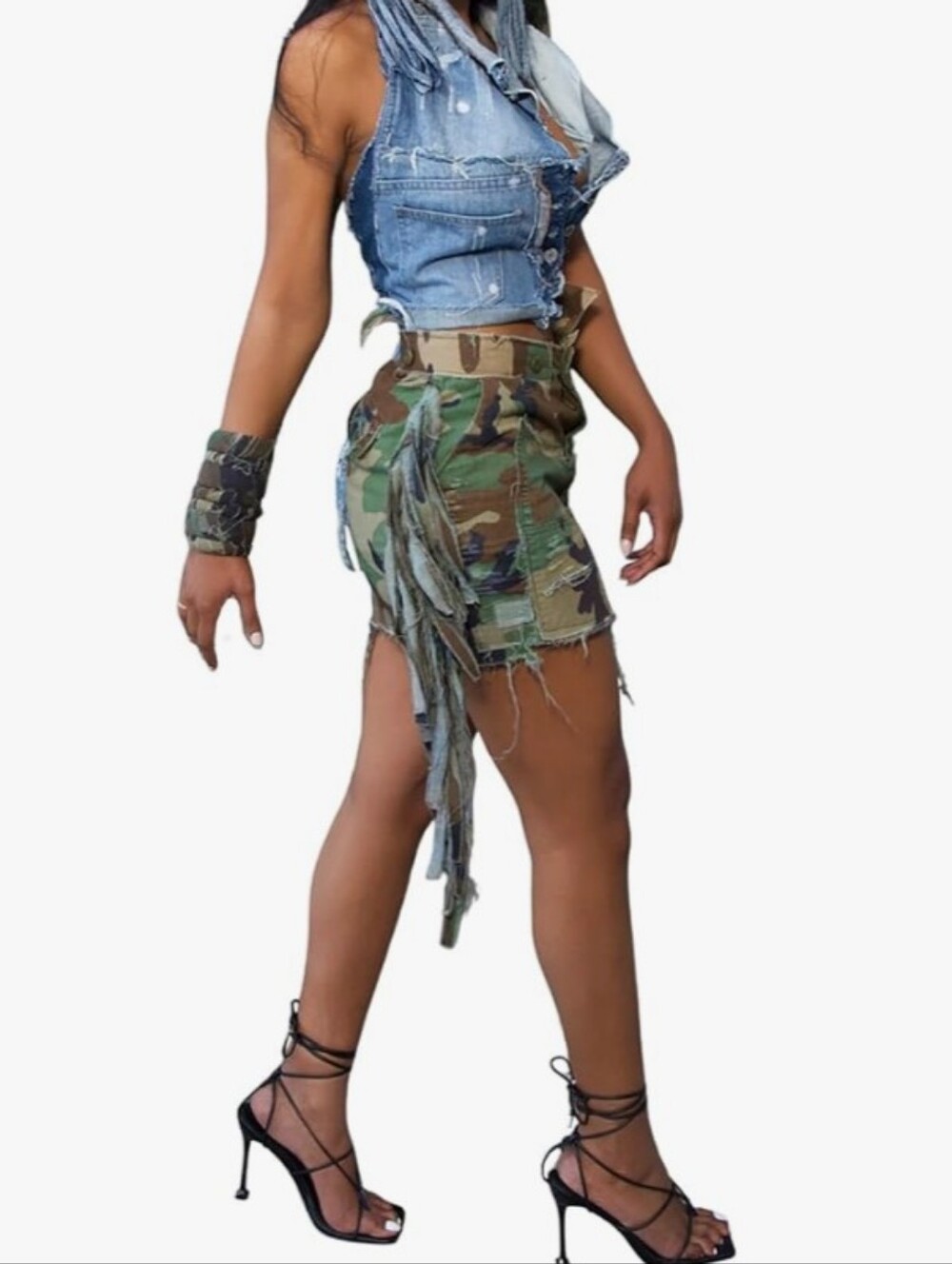 NWT Micas Camo Cargo Button & Tassel Fringe Raw Edge Army Mini Skirt - Picture 5 of 10